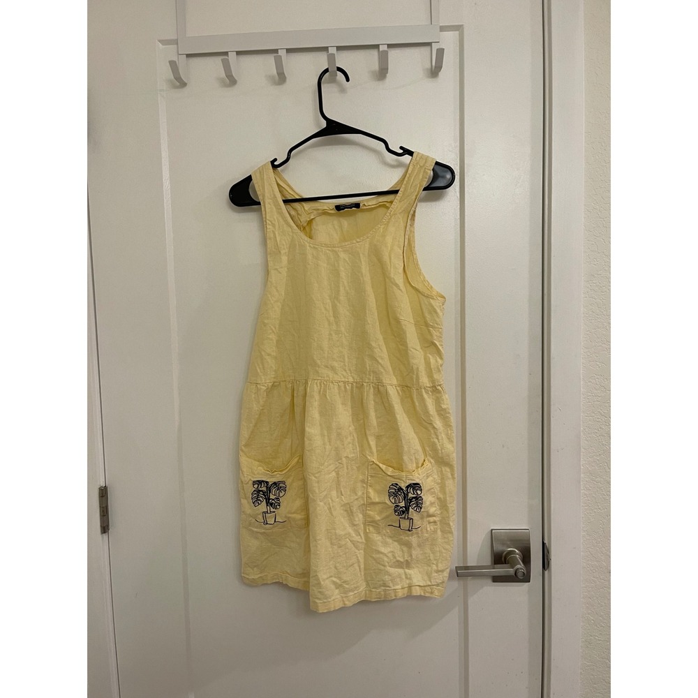 100% Linen Yellow Babydoll Mini Dress Cottagecore Breathable Summer